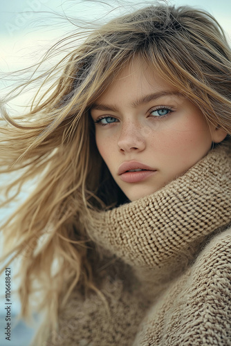 Blonde fashion model posing with knitwear sweater and windblown hair