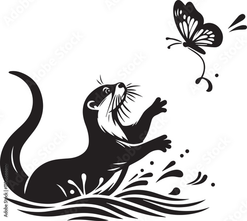 Otter chasing a cute butterfly black silhouette vector