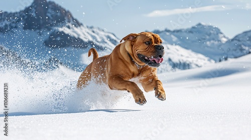 Boerboel Dog Running Through Snow in Snowy Mountains