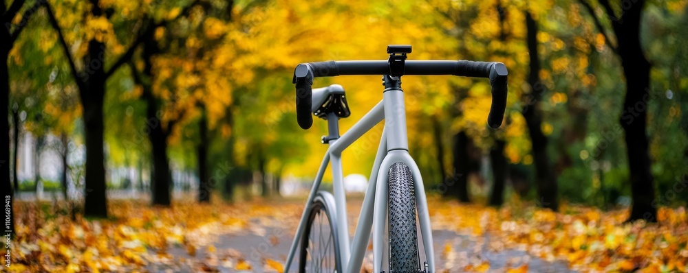 Naklejka premium Fiberglass and sustainability concept. Bicycle on a path surrounded by autumn foliage.