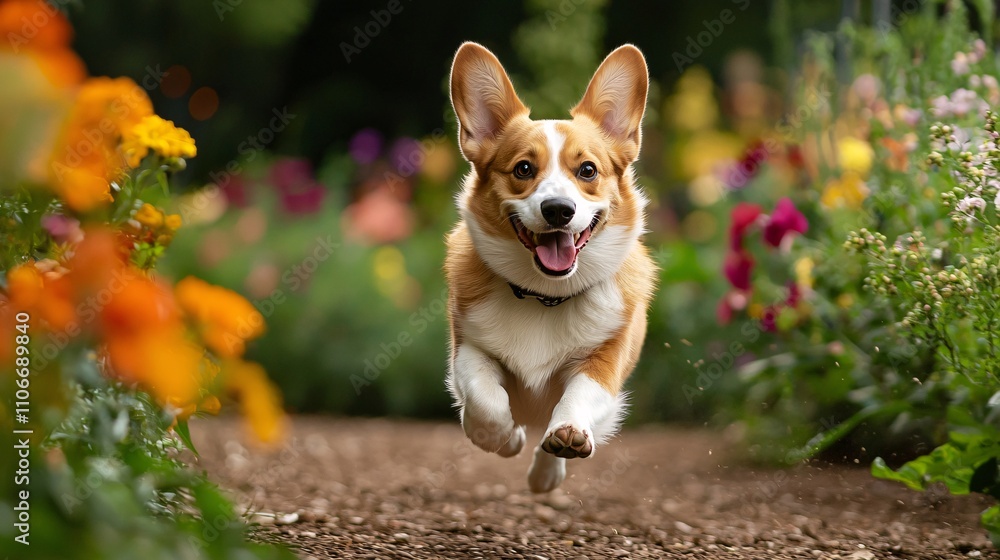Happy Pembroke Welsh Corgi Running Through a Flower Garden Happy Pembroke Welsh Corgi Running Through a Flower Garden