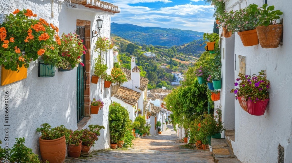 Fototapeta premium Charming Hilltop Village: Exploring Colorful Streets, Vibrant Flowers, Sunny Landscapes
