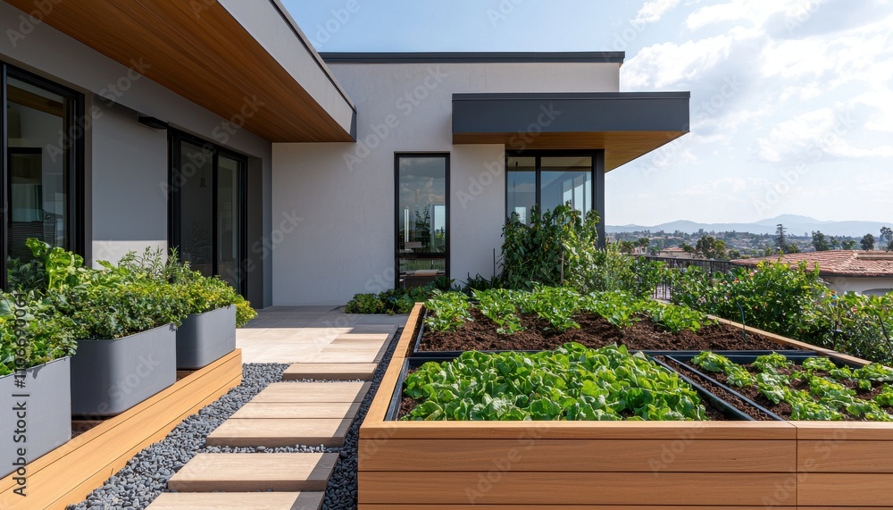 A modern rooftop garden featuring lush greenery, elegant planters and a wooden walkway, creating a serene outdoor space. A modern rooftop garden featuring lush greenery, elegant planters and a wooden walkway, creating a serene outdoor space.