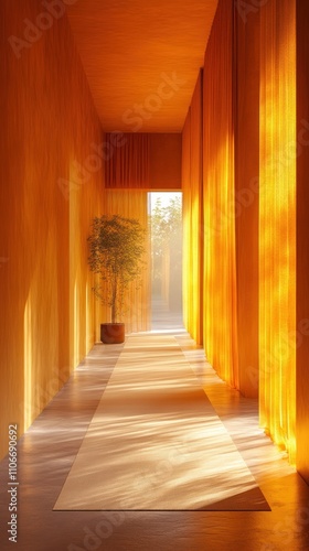 Sunlit Hallway With Yellow Curtains And Plant