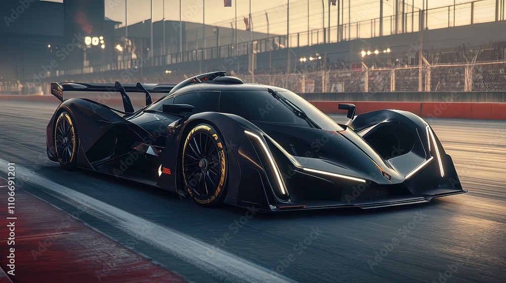 A sleek, black race car speeds down a track at sunrise. A sleek, black race car speeds down a track at sunrise.