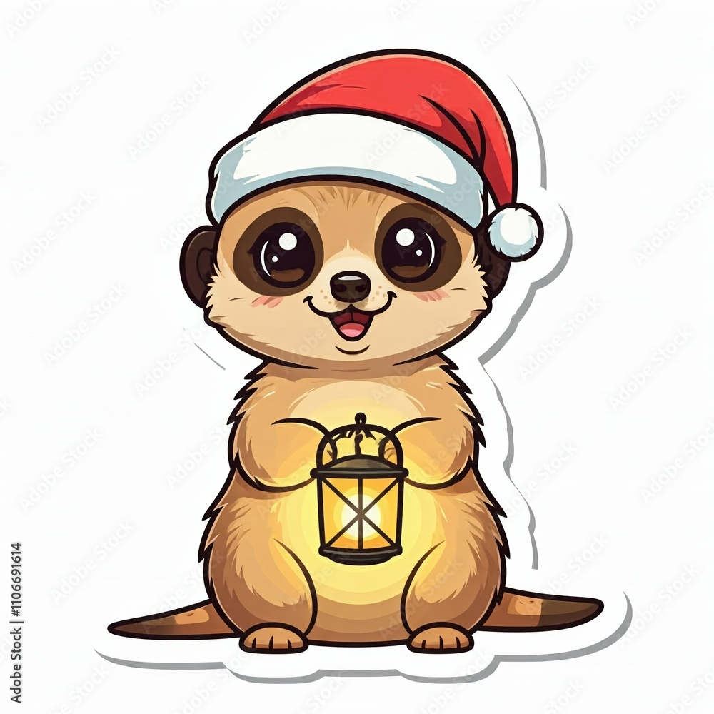 Fototapeta premium chibi meerkat wearing a Santa hat, holding a festive lantern glowing with warm light. Sticker-style border, plain white background. 