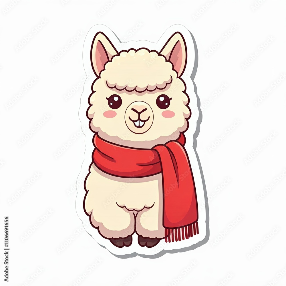 Naklejka premium chibi alpaca wearing a festive red scarf, with a cheerful expression and sticker-style Borders, on a plain white background.