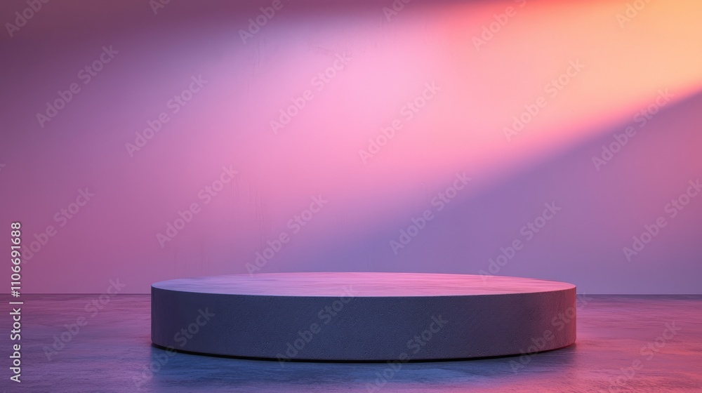 Concrete Cylinder Platform Against a Gradient Pink and Orange Wall Concrete Cylinder Platform Against a Gradient Pink and Orange Wall