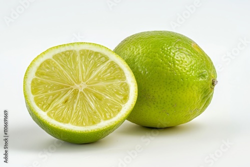 Whole and Halved Green Lime on White Background.