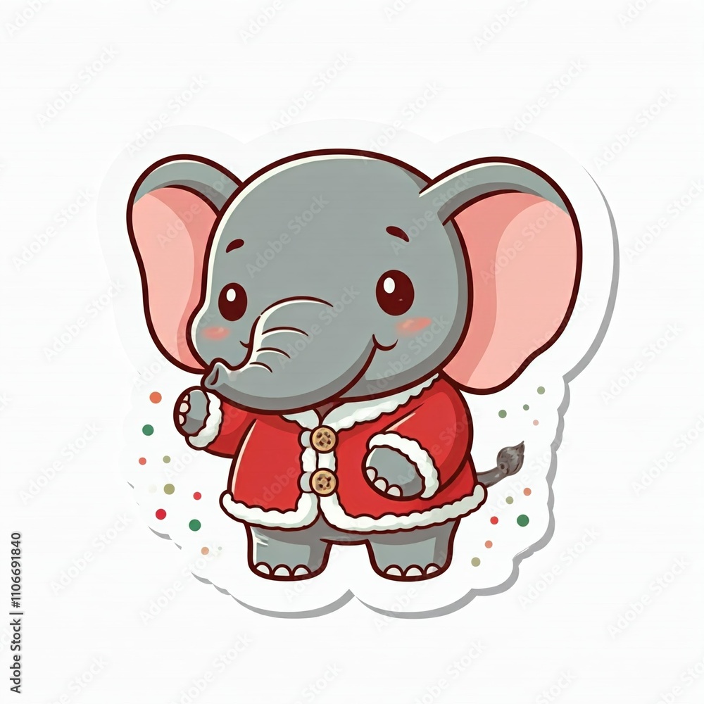 Fototapeta premium chibi elephant with a Christmas robe, Sticker style frame on a plain white background. 