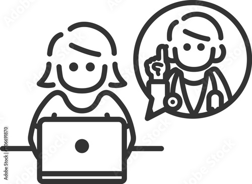 ノートパソコンで、オンライン診療を受ける、正面から見た女性のアイコン（線画）のイラスト