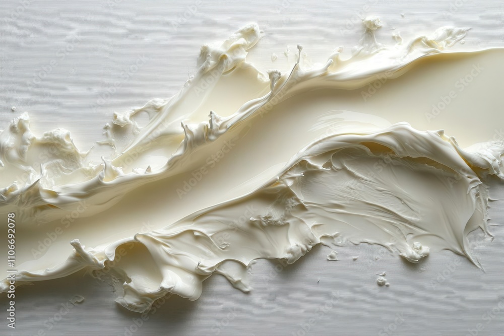 top-down view of a spilled milk puddle forming an abstract shape against a pristine white background, showcasing the texture and fluidity of the liquid in a minimalist style top-down view of a spilled milk puddle forming an abstract shape against a pristine white background, showcasing the texture and fluidity of the liquid in a minimalist style