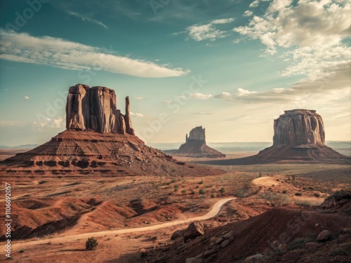 Vintage Landscape of Monument Valley with Towering Red Sandstone Buttes Under Vast Open Sky