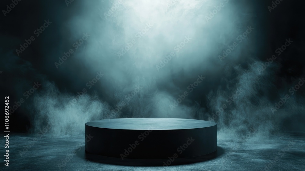 Black Circular Platform in a Misty, Hazy Environment Black Circular Platform in a Misty, Hazy Environment