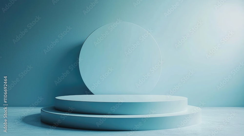 A Minimalist Two-Tiered Circular Platform in a Blue Room A Minimalist Two-Tiered Circular Platform in a Blue Room