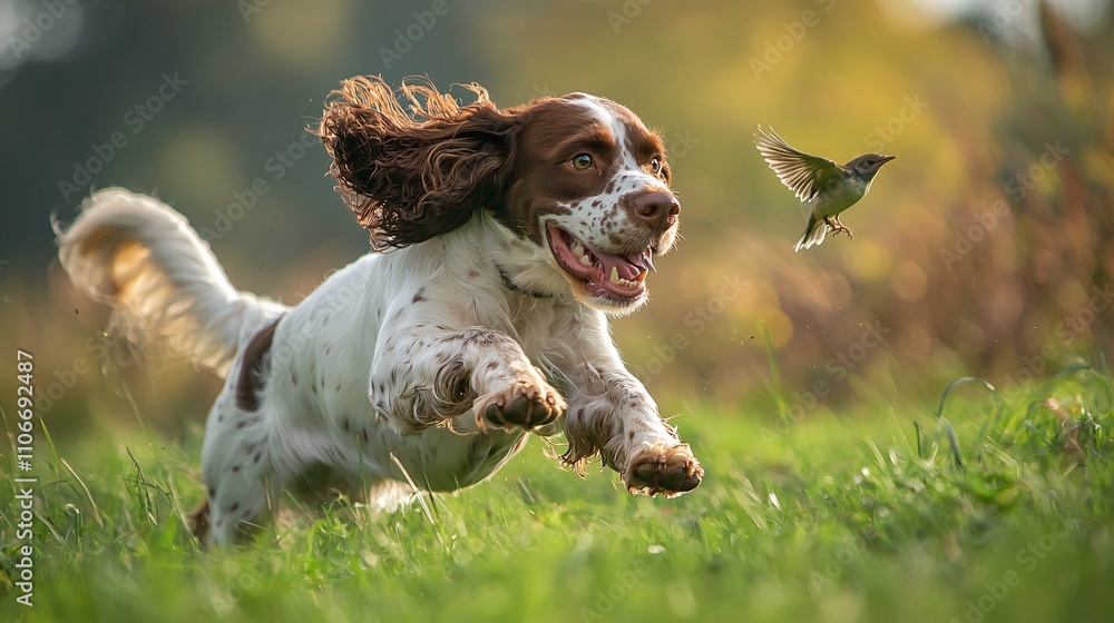 Joyful Springer Spaniel Chasing a Bird in a Sunny Meadow Joyful Springer Spaniel Chasing a Bird in a Sunny Meadow