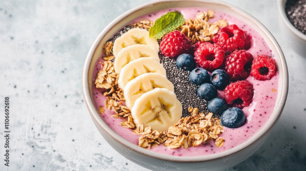 A refreshing fruit smoothie bowl topped with granola, sliced bananas, and fresh berries A refreshing fruit smoothie bowl topped with granola, sliced bananas, and fresh berries