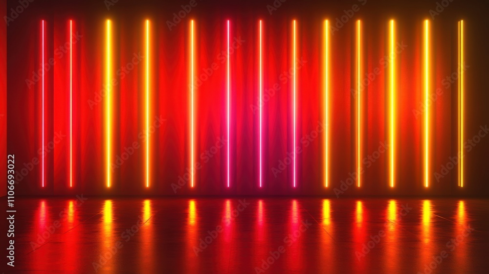 Vibrant Neon Lights Illuminate Dark Room, Creating a Striking Visual Display with Reflective Floor. Abstract Art Installation. Vibrant Neon Lights Illuminate Dark Room, Creating a Striking Visual Display with Reflective Floor. Abstract Art Installation.