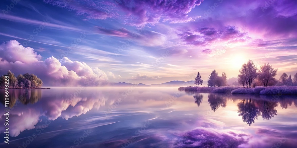 Serene Purple Sunrise Over Still Lake With Misty Reflections and Silhouetted Trees Serene Purple Sunrise Over Still Lake With Misty Reflections and Silhouetted Trees