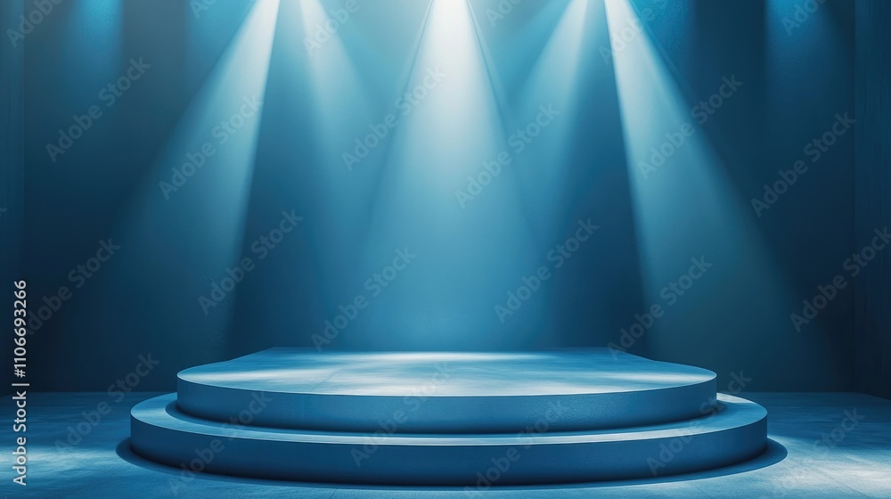 Blue Platform with Spotlights in a Dark Room Blue Platform with Spotlights in a Dark Room