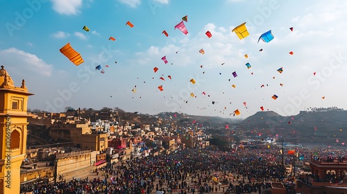 Colorful kites fill the sky above a large crowd during a vibrant festival. photo