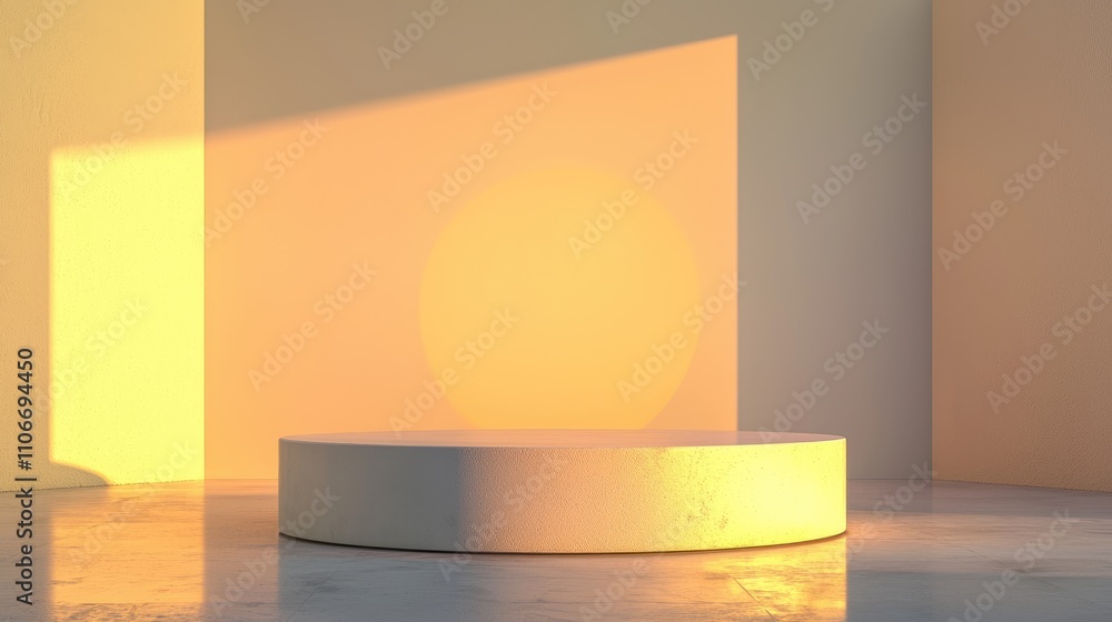 White Cylinder Platform with Sunlight and Shadows in a Minimalist Room White Cylinder Platform with Sunlight and Shadows in a Minimalist Room
