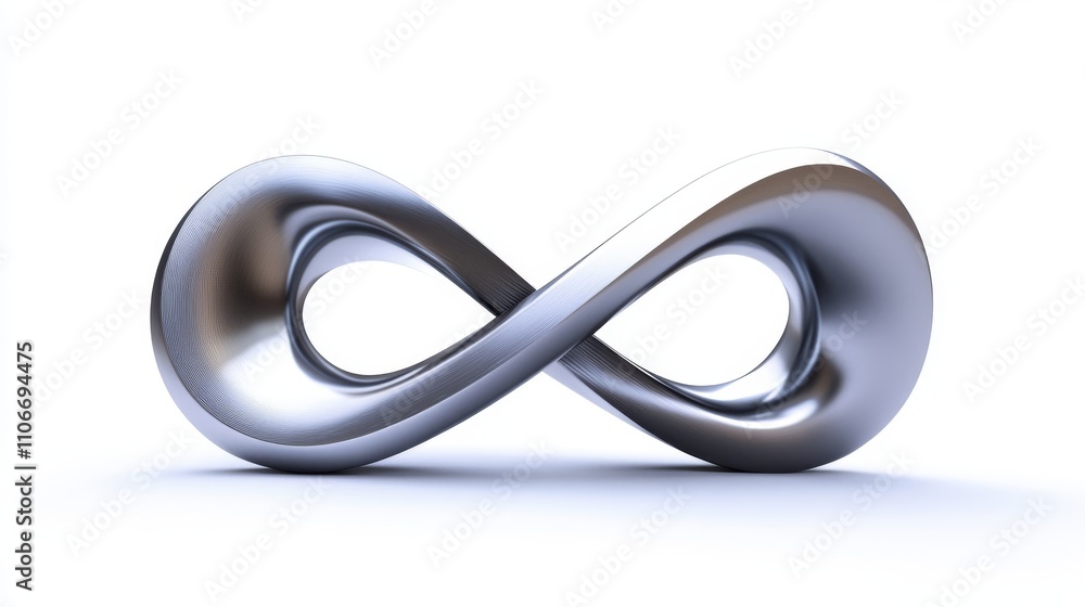 56.A 3D rendering of a MÃ¶bius strip with smooth, continuous curves and twisting surfaces, positioned in a balanced, front-facing view. The geometric figure appears to hover over a minimal white