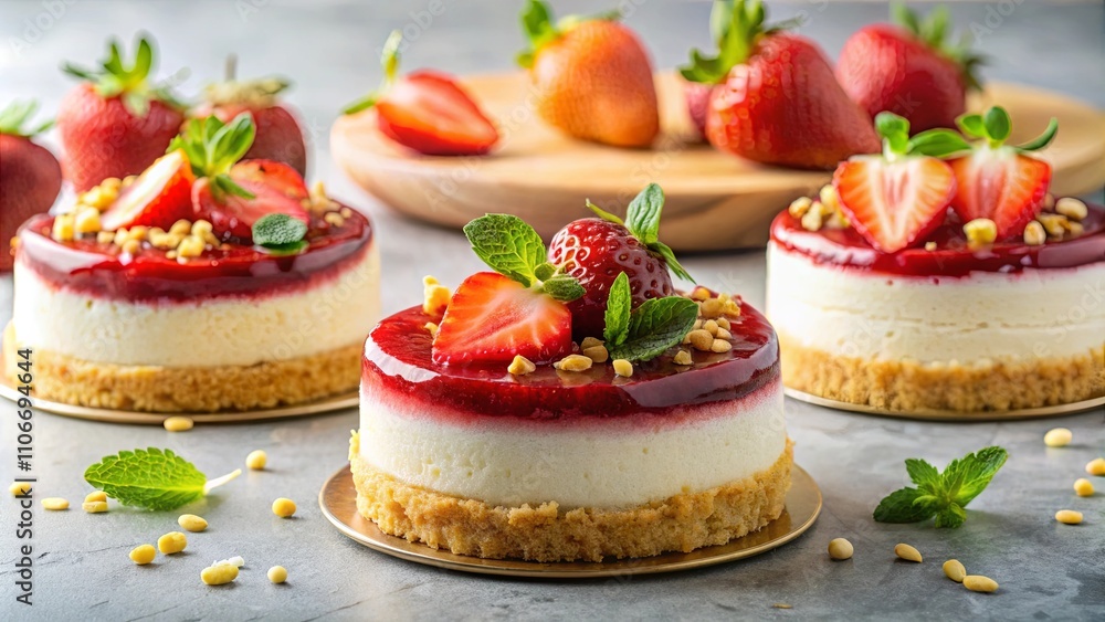 Mini Strawberry Cheesecakes with Nut Topping and Mint Garnish Mini Strawberry Cheesecakes with Nut Topping and Mint Garnish