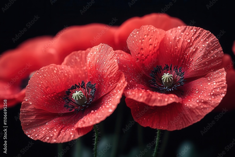 vibrant poppy flowers drenched in rich red tones, contrasting against a velvety black background, creating a dramatic and captivating visual vibrant poppy flowers drenched in rich red tones, contrasting against a velvety black background, creating a dramatic and captivating visual