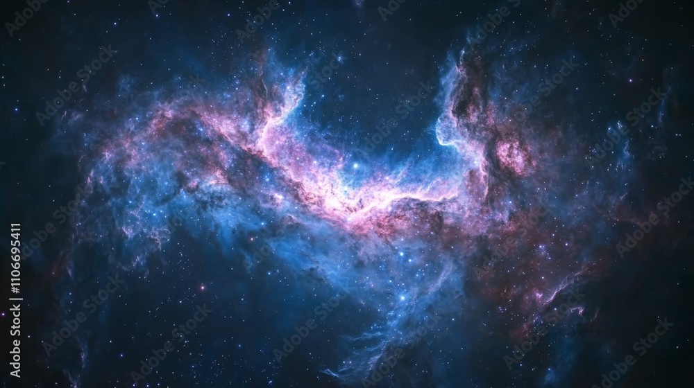 Fototapeta premium 29.Night sky rich with stars and swirling galaxies, with faint glowing nebulae in the distance, against a deep indigo backdrop. Subtle hues of pink and blue blend into the cosmic dust, offering a