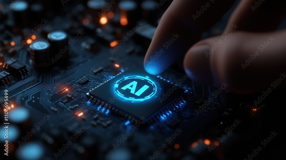 a hand interacting with a circuit board, touching a chip featuring an a hand interacting with a circuit board, touching a chip featuring an