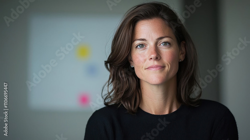 confident businesswoman with thoughtful expression in office setting