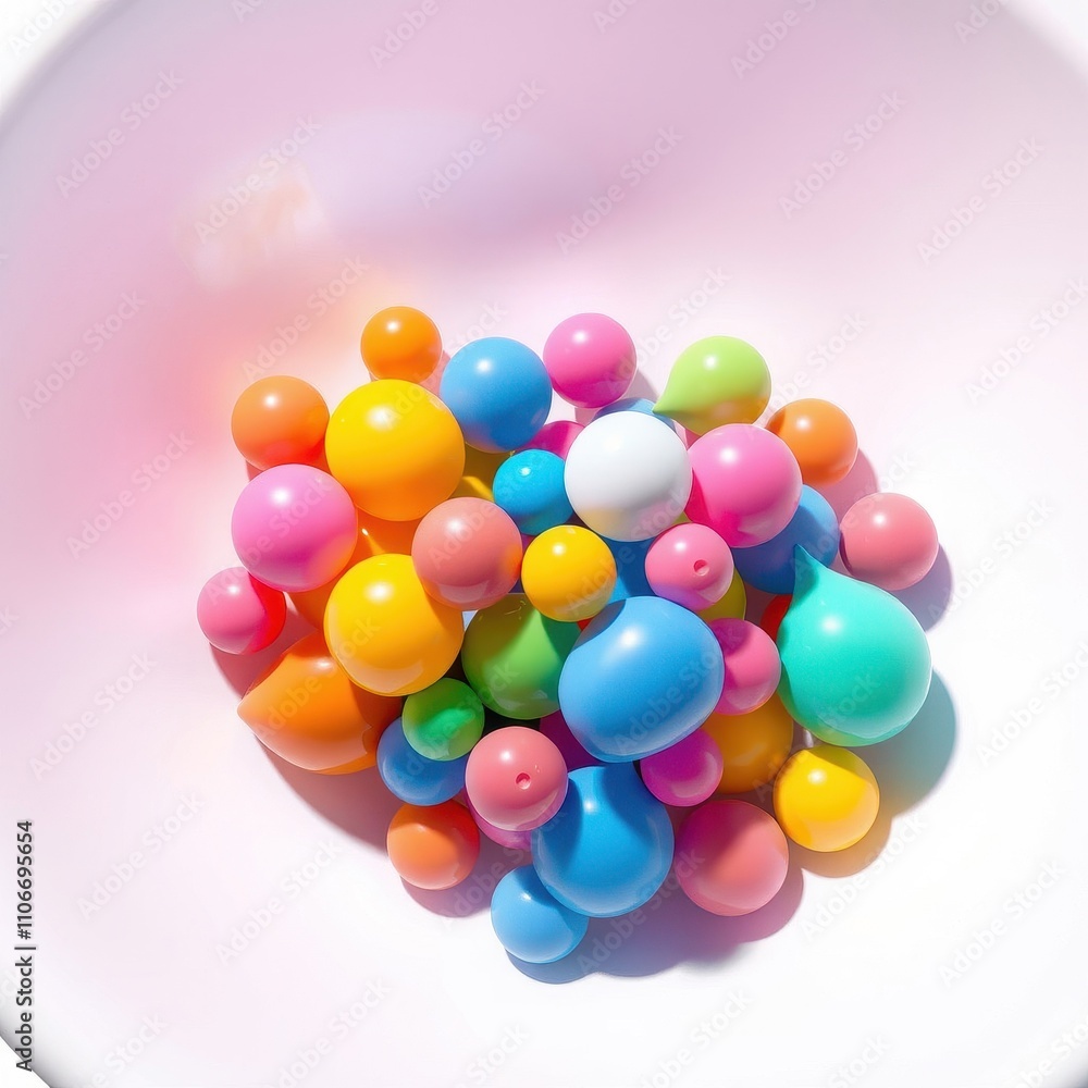 A cluster of balloons of different shapes and sizes gathered at the bottom of a large bowl, fun and games, balloon collection, festive bowls, colorful arrangement