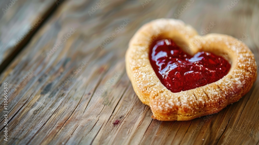 Heart-shaped cookie with red jam on wooden table, representing love and celebration. Heart-shaped cookie with red jam on wooden table, representing love and celebration.