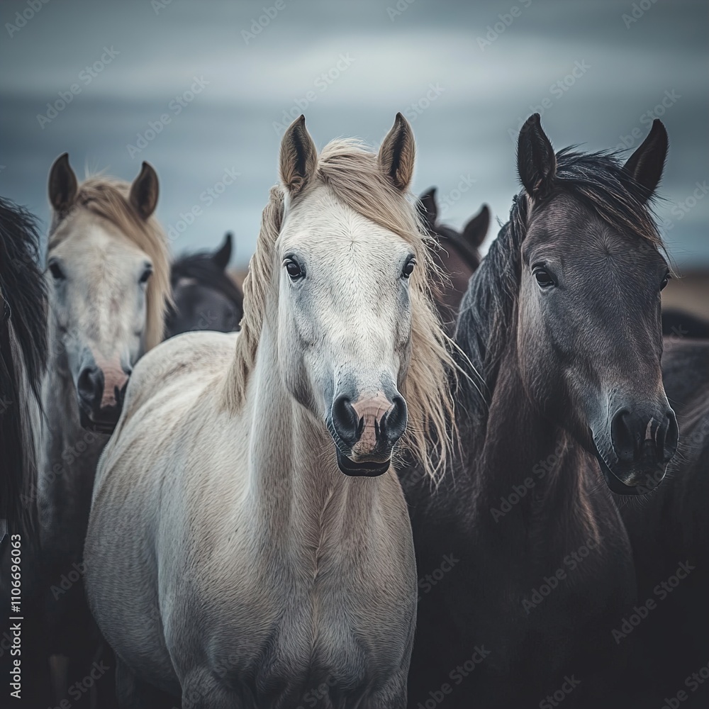 Majestic Herd of Wild Horses in a Dramatic Landscape Majestic Herd of Wild Horses in a Dramatic Landscape