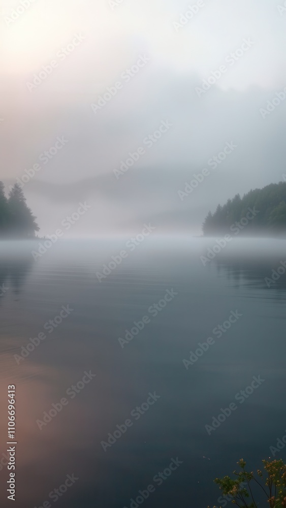 A peaceful lake scene with a misty morning fog, , mist, water, reflections A peaceful lake scene with a misty morning fog, , mist, water, reflections