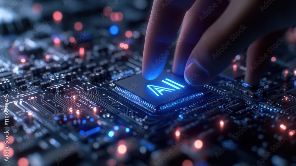 a hand interacting with a circuit board, touching a chip featuring an a hand interacting with a circuit board, touching a chip featuring an