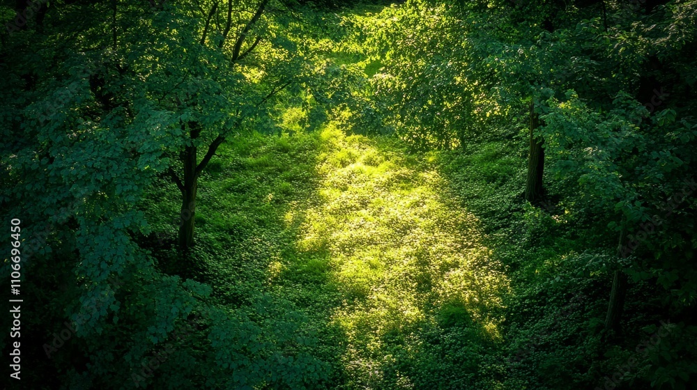 Sunlight through trees illuminates lush greenery in forest nature photography peaceful environment aerial view serenity