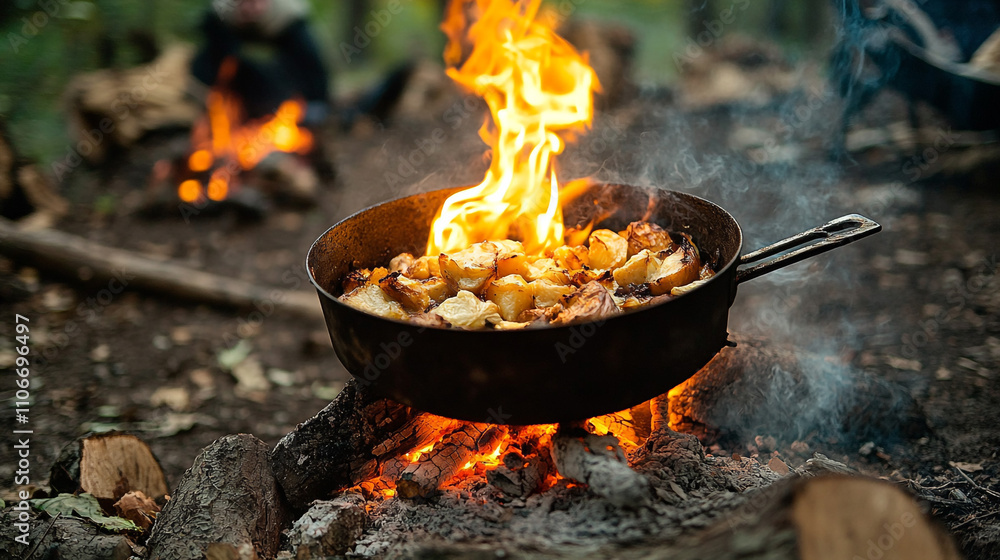 Cooking diced potatoes over an open campfire in a forest setting during sunset Cooking diced potatoes over an open campfire in a forest setting during sunset