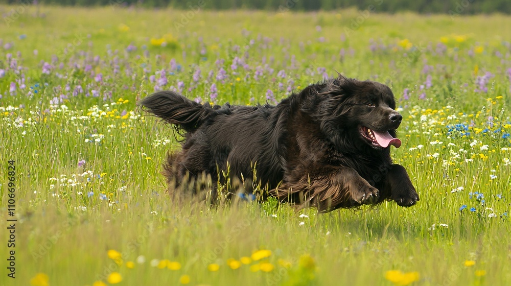 Newfoundland Dog Running Through Wildflower Meadow Newfoundland Dog Running Through Wildflower Meadow