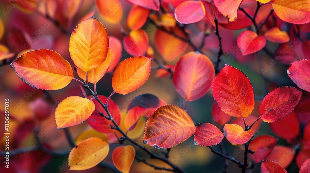 Colorful autumn shrub branches of Amelanchier lamarckii with stunning red, orange, and yellow leaves Colorful autumn shrub branches of Amelanchier lamarckii with stunning red, orange, and yellow leaves