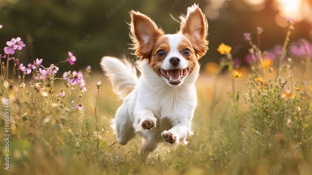 Joyful Papillon Dog Running Through a Wildflower Meadow at Sunset Joyful Papillon Dog Running Through a Wildflower Meadow at Sunset