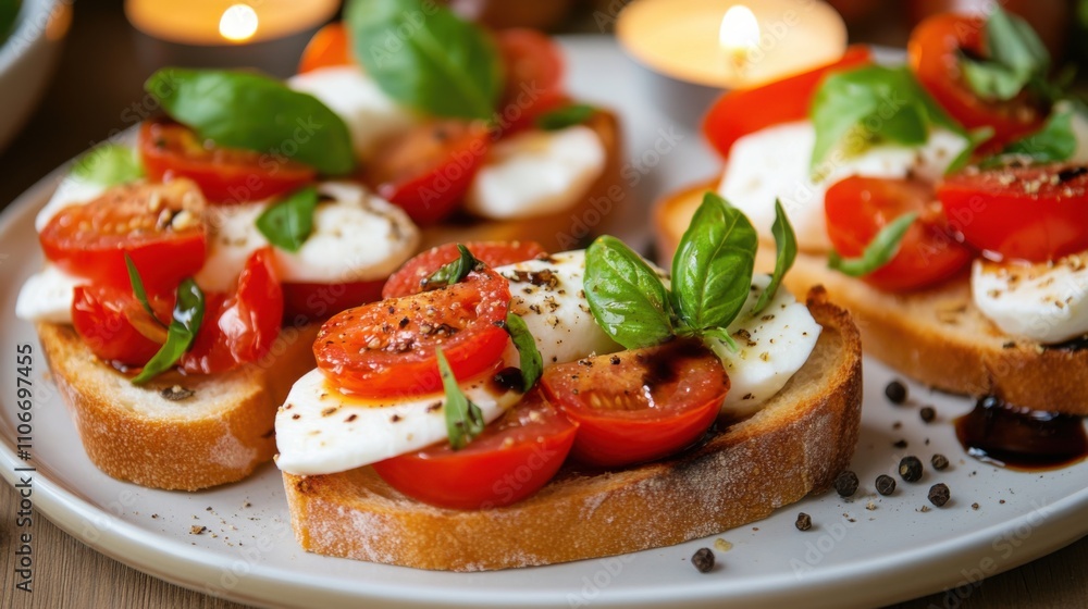 A refreshing plate of caprese bruschetta with ripe tomatoes, fresh mozzarella cheese, basil leaves A refreshing plate of caprese bruschetta with ripe tomatoes, fresh mozzarella cheese, basil leaves