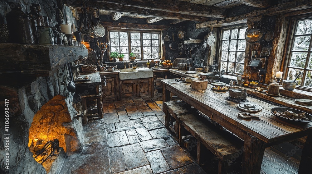 Authentic ancient Viking kitchen interior with dark wooden beams and rustic decor, creating a moody and historical atmosphere, featuring traditional Viking elements and a timeless, rustic design.
Authentic ancient Viking kitchen interior with dark wooden beams and rustic decor, creating a moody and historical atmosphere, featuring traditional Viking elements and a timeless, rustic design.