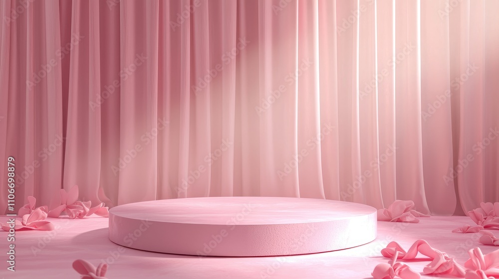 Pink Pedestal with Draped Curtains and Flower Petals Pink Pedestal with Draped Curtains and Flower Petals