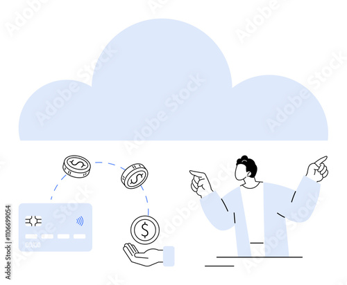 Cloud backdrop, digital credit card, coins circulating, hand receiving money, and businessman guiding transactions. Ideal for online payments, digital banking, cloud finance, financial tech