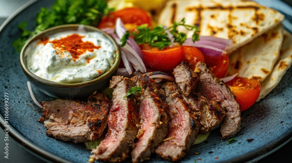 A refreshing plate of Greek gyro platter with slices of seasoned lamb, tzatziki sauce, tomatoes A refreshing plate of Greek gyro platter with slices of seasoned lamb, tzatziki sauce, tomatoes