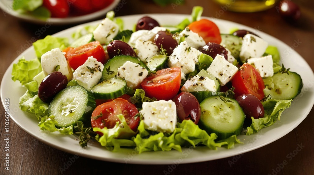 A refreshing plate of Greek salad featuring crisp lettuce, juicy tomatoes, cucumbers A refreshing plate of Greek salad featuring crisp lettuce, juicy tomatoes, cucumbers