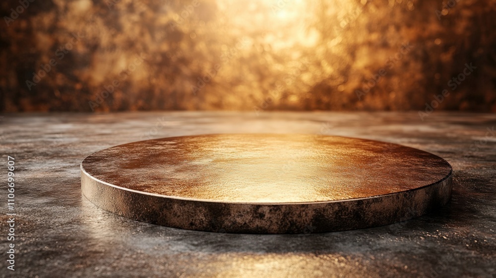 A circular metallic platform with a shimmering golden background, perfect for displays. A circular metallic platform with a shimmering golden background, perfect for displays.