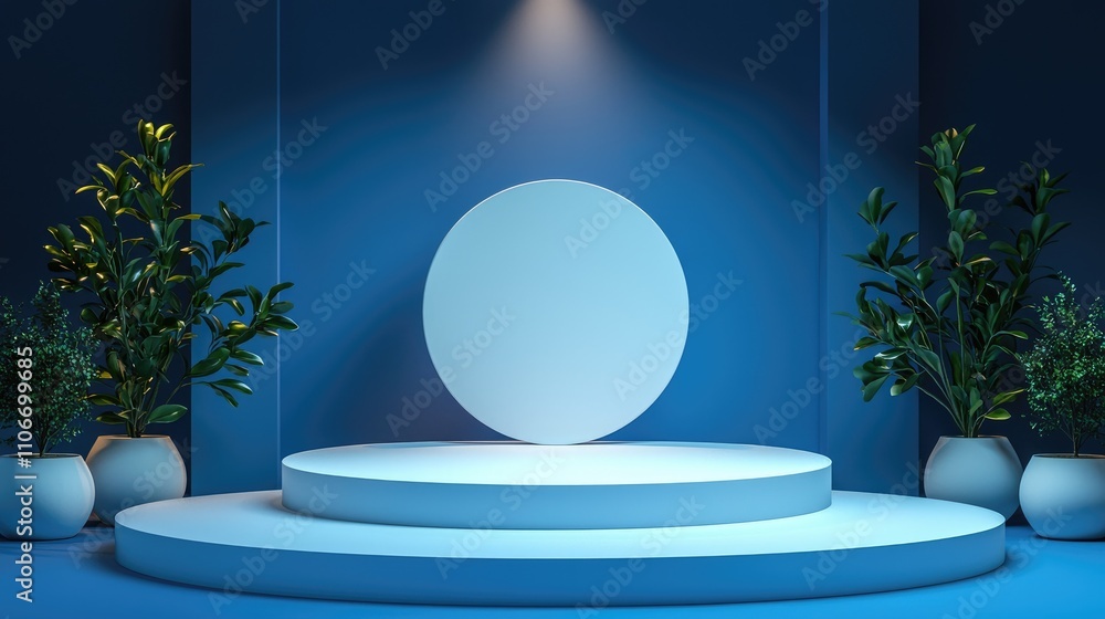 A Minimalist Blue Studio with a Round Platform and Plants A Minimalist Blue Studio with a Round Platform and Plants